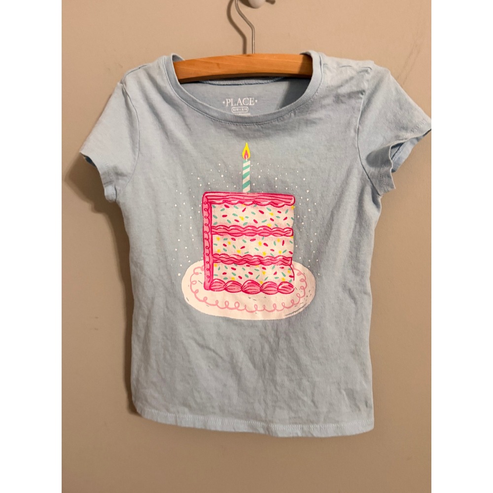 The Children's Place Birthday Cake Graphic Tee Girls Size 5/6 Blue Glitter Shirt